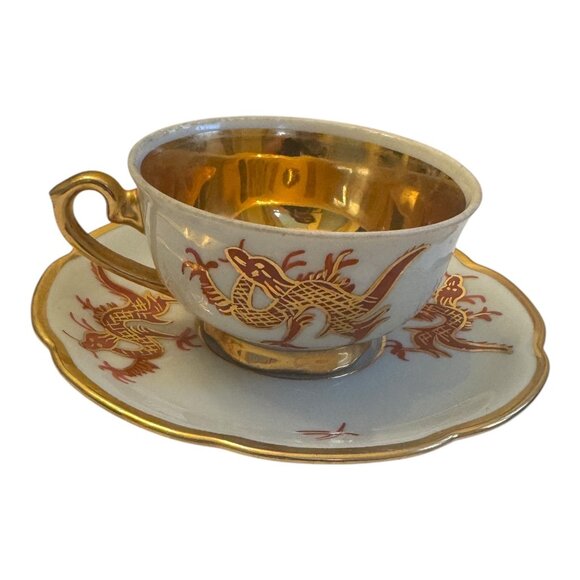 VNTG  Japanese Dragon Teacup Set 4Pc Gold Gilded Porcelain Collectible Decor - Picture 5 of 10
